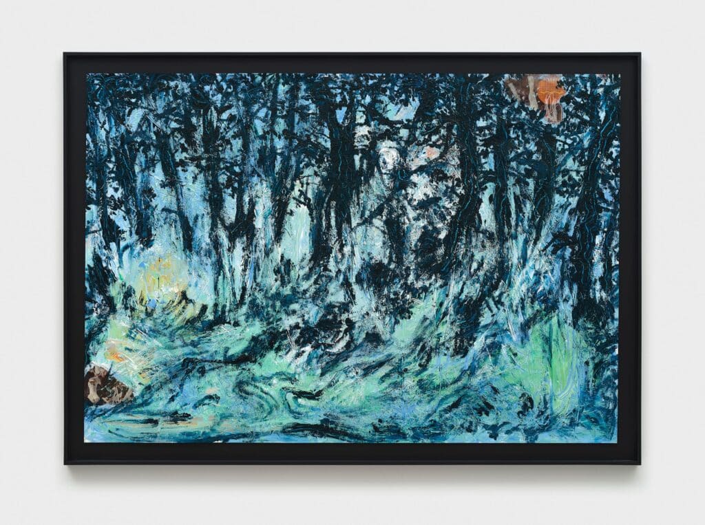 This image depicts an artwork by Mario Joyce titled "My Tears Are Full Of Eyes." This artwork was created in 2025 and measures 42" x 60" [HxW] (106.68 x 152.4 cm) 46 ¹⁄₂" x 64 ³⁄₄" x 1 ¹⁄₂" [HxWxD] (118.11 x 164.46 x 3.81 cm) framed. Its medium is Vintage collage and oil paint on paper.