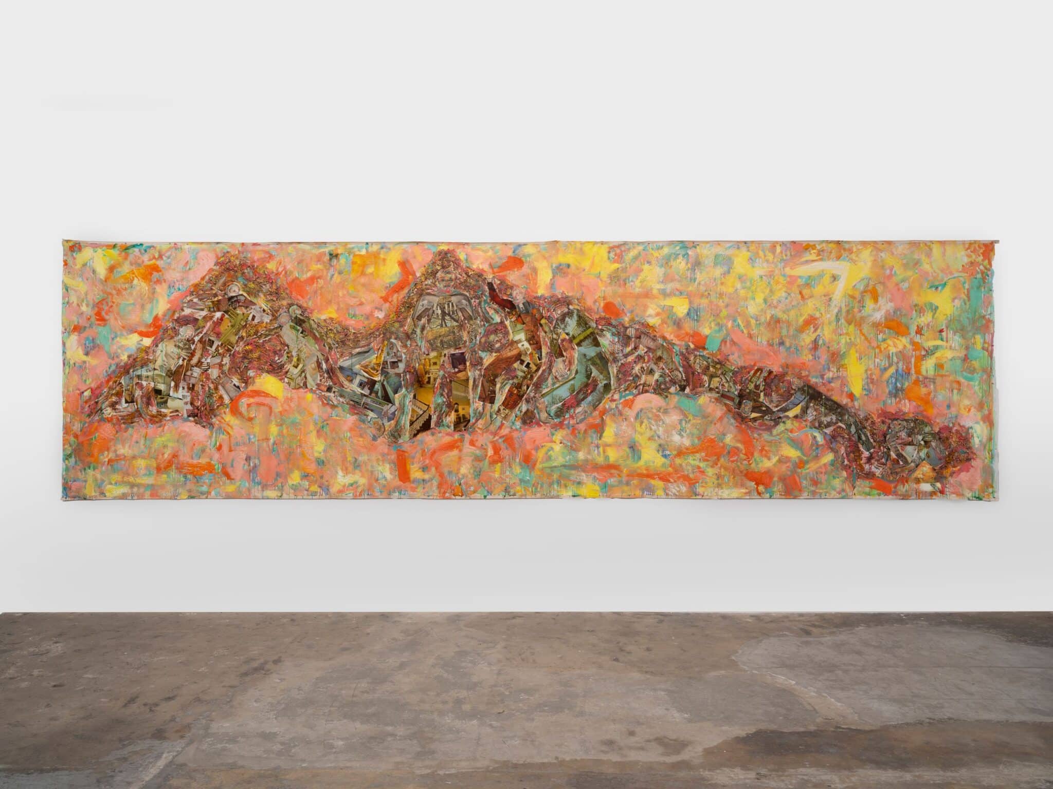 This image depicts an artwork by Mario Joyce titled "Watershed (James River)." This artwork was created in 2025 and measures 64" x 216" [HxW] (162.56 x 548.64 cm). Its medium is Soil from the banks of the James River, vintage collage of Colonial Plantations, acrylic, watercolor and oil paint on canvas.