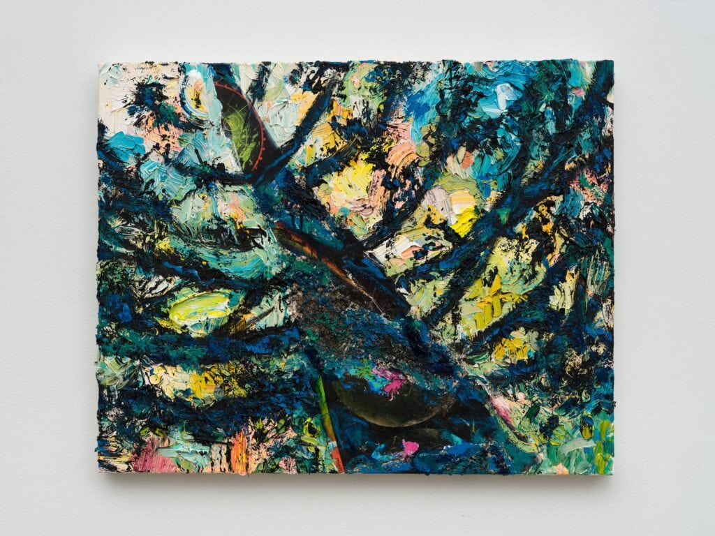 This image depicts an artwork by Mario Joyce titled "A Miracle Looks Up From Below." This artwork was created in 2026 and measures 24" x 30" x 1 ¹⁄₂" [HxWxD] (60.96 x 76.2 x 3.81 cm). Its medium is Soil, vintage collage and oil paint on canvas.