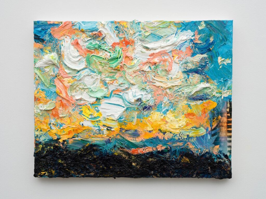 This image depicts an artwork by Mario Joyce titled "Barrier." This artwork was created in 2026 and measures 24" x 30" [HxW] (60.96 x 76.2 cm). Its medium is Soil, vintage collage and oil paint on canvas.